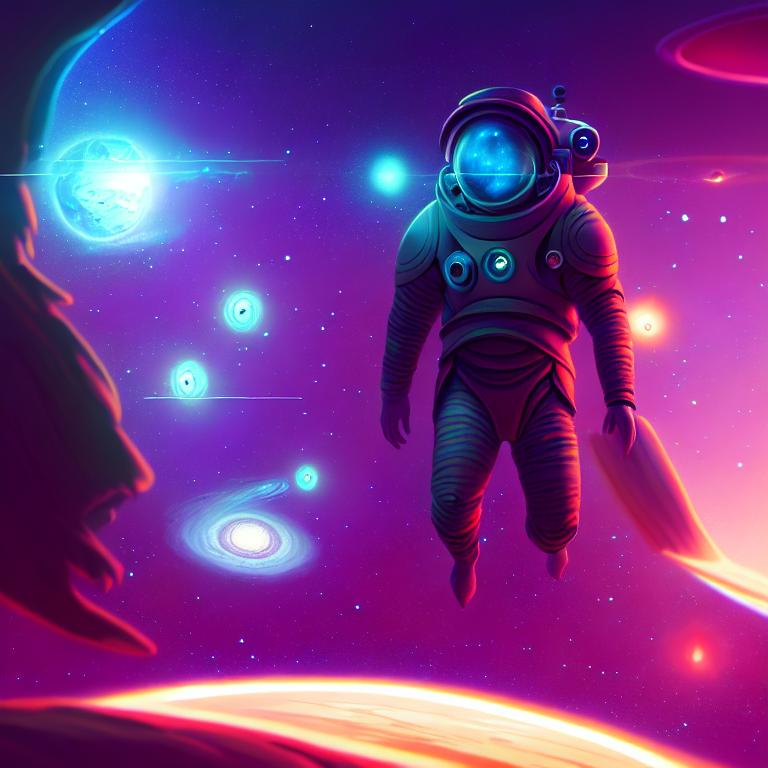 Synthwave spaceman gazing at vibrant space scene