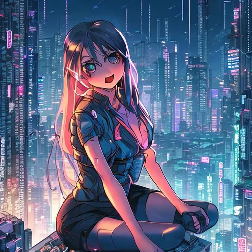 Prompt: Adult girl sitting on roof 
in night cyberpunk city with sword smiling long hair
