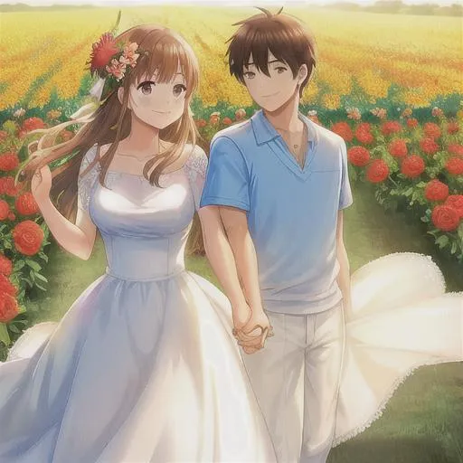 Prompt: A friend, holding my hands, in a flower field, the sun is bright and bring a smile on my face. Woman and man. Romantic 