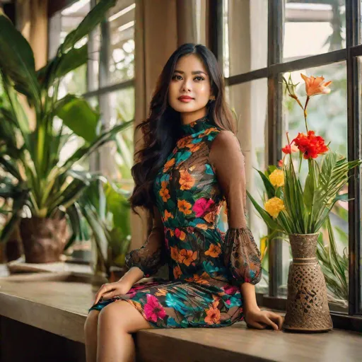 Prompt: RAW photo, pretty young Indonesian woman, 25 year old, (round face, almond-shaped brown eyes, small delicate nose, long wavy black hair), (long-sleeve high neck dress, mesh top, colorful flower design), perfect hourglass figure, dynamic pose, indoors by window, view of tropical mountains, masterpiece, intricate detail, photorealism, octane render, hyper-realistic, octane render, 16K, award-winning photograph, UHD, HDR