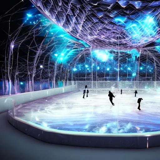 Prompt: 100mm photo of a surreal ice skating rink on a floating island surrounded by twinkling lights, intricate, elaborate,  hyperdetail, ominous, mysterious., octane 3d, unreal engine, artstation, deviantart, hyperrealistic, microworlds smooth, macro sharp focus, centered