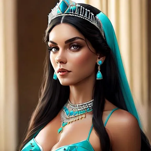 Prompt: Woman with long dark hair, wearing a turquoise studded tiara and jewelry