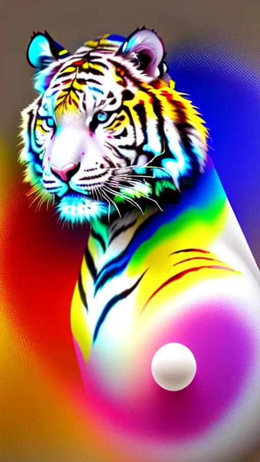 Prompt: 4K, ultra realistic, shiny, colorful, round, white Tiger coming out of white canvas with splotches of paint on the canvas