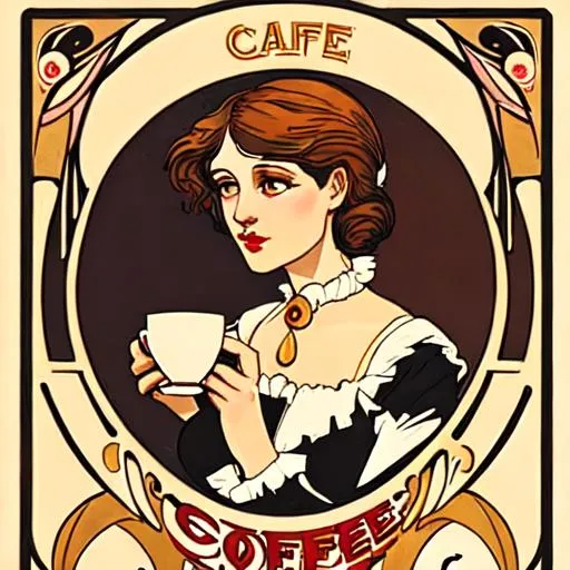 Prompt: art nouveau, cafe ad, woman with coffee