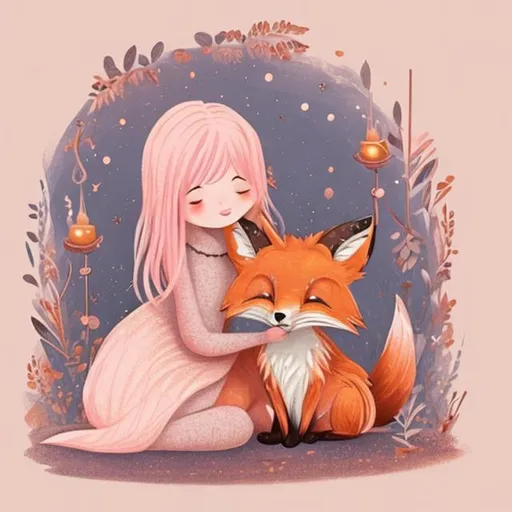 Prompt: Shy little girl with rose gold pinkish hair cuddling  a fox colorful storybook illustrations 