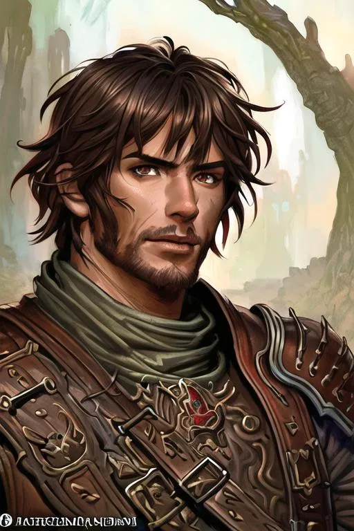 Prompt: realistic portrait of a dnd male blood hunter, D&D, shorter brown hair, brown eyes, highly detailed, concept art, smooth, art by artgerm and greg rutkowski and alphonse mucha and simon stalenhag, ambient lighting, fantasy, leather armour