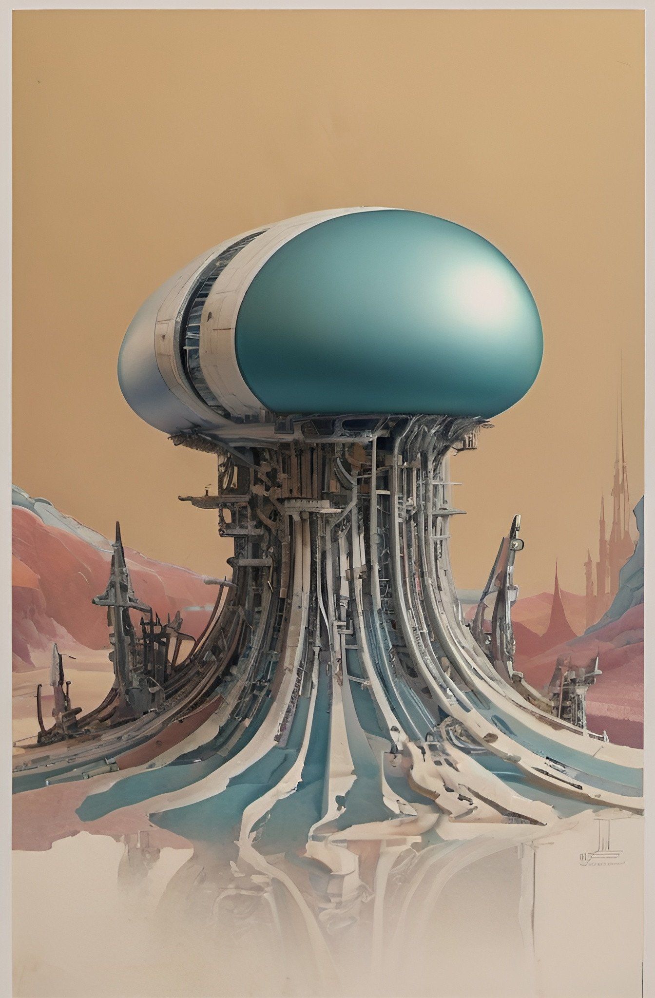 Prompt: a futuristic city with a giant blue object in the middle of it's landscape, with a sky background