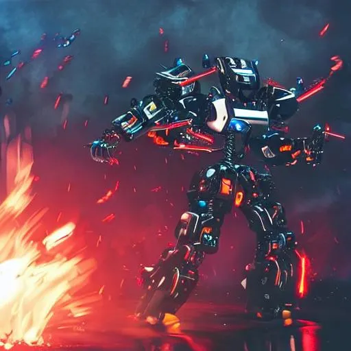 Prompt: black cyberpunk warrior robot fighting flying fire birds