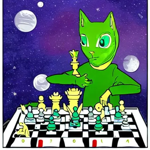 Prompt: Green alien playing chess with a cat in space