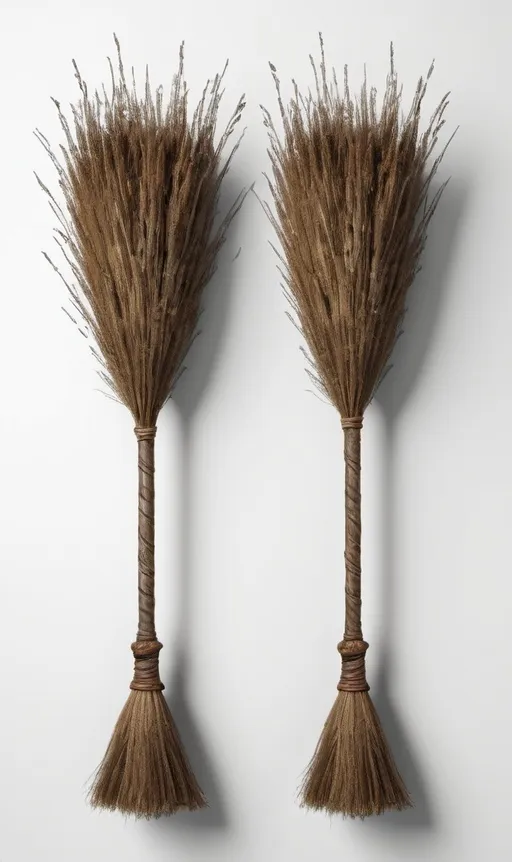 Prompt: Aerial wide view straight-down on top of a medieval broom on a white background, separated from each other, without touching the edges of the canvas, d&d, 3d render, seen from directly above, flat lay, semi-realistic textures