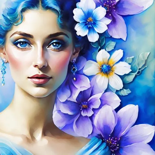 Prompt: beautiful woman, ethereal,dreamscape,, pale blue colors, flowers, closeup