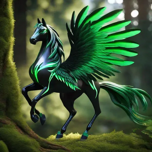 Prompt:  small twisted pegasus animatronic hybrid, with focused emerald eyes. They identify as a Male. Emerald colored feathery wings and tail. dark Green ombre mane and tail. UHD, HD, 4K, green haze, anime style, green and black coat, in the forest