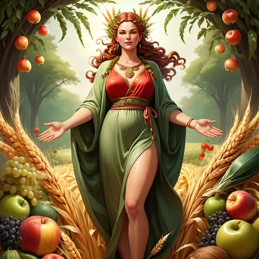 Prompt: Full body, Fantasy illustration of the female god of harvest, beautiful, celestial, tanned skin-color, brown Finger wave hair decorated by wheat-ears, chubby red cheeks, conent expression, decorated with fruits and herbs and grapes, wearing a green robe, majestic pose, in a heavenly orchard, vibrant colors