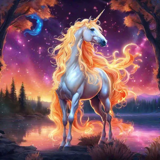 Prompt: A kawaii nebula translucent fiery palomino friesian unicorn that is glowing, long curly flowing mane, on two legs, in a magical fiery forest near a lake, sunrise, beneath the stars, bioluminescent, highres, best quality, concept art