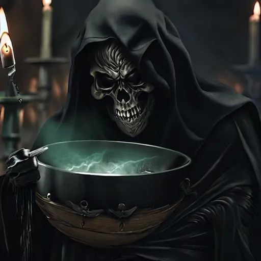 Prompt: Close up of the Grim Reaper looking into a cauldron of Souls