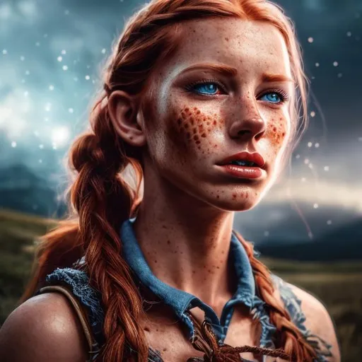 Prompt: HD 4k 3D professional modeling photo hyper realistic beautiful enchanting tough cowgirl woman dark red hair braid fair skin freckles blue eyes gorgeous face cowgirl outfit magical western country landscape hd background ethereal mystical mysterious beauty full body