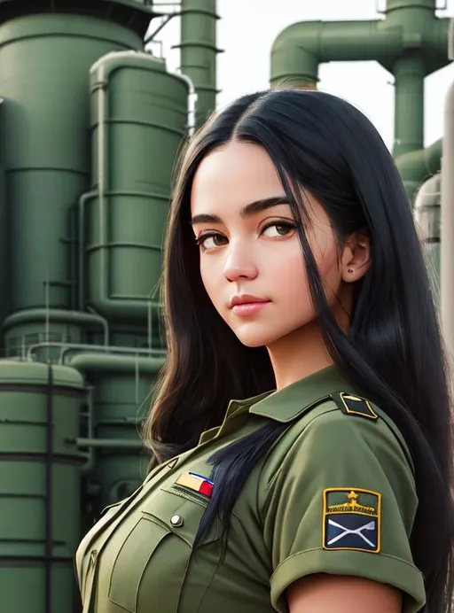 Prompt: Analog style portrait+ style ; war girl visiting fuel refinery wearing baggy pants and army navy blue uniform. Science fiction hype realistic 8k shot of the day, beautiful morning hour high resolution. Hazel, sage green eyes. Looking back at viewer. Long black hair.