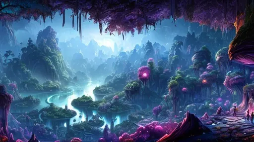 Prompt: ultra-realistic illustration, highly detailed digital render of panorama view in a dark forest, a small pond below rich in huge colorful crystal deposits, in the style of Ori and The Blind Forest, cinematic, high contrast, magical, 8k, enchant tones