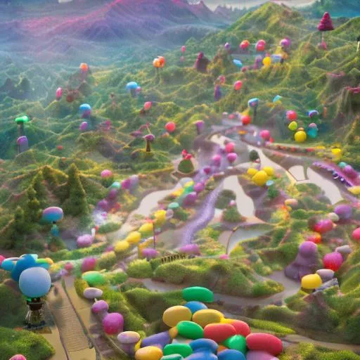 Prompt:  Candyland board game with distant gumdrop mountains, mist,high definition, 3D pixar render, delicate details, 4k