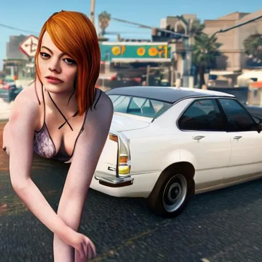 Prompt: emma stone in gta v, cover art, artstation, no text, Infront of a car