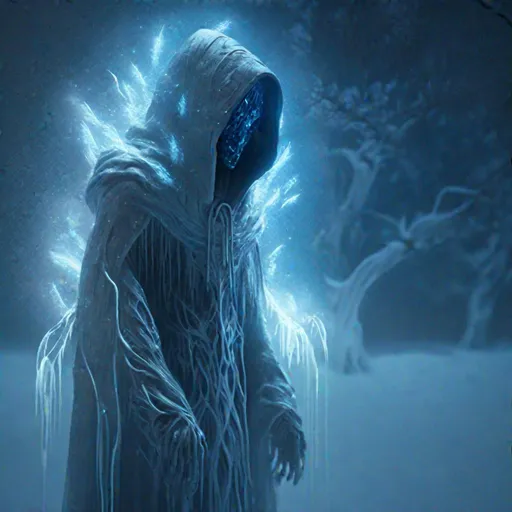 Prompt: "A Dreamlike Concept Artwork of Ethereal hooded Primordial Frozen Ghost, Midnight vapor setting, by Douglas Shuler, Tom Thiel. Hidden detailing, Trending on MidJourney, Cinematic Composition, Reimagined by industrial light and magic, silent uncanny, 4k, obscured lighting, HDR, IMAX, Polycount, shadow depth"