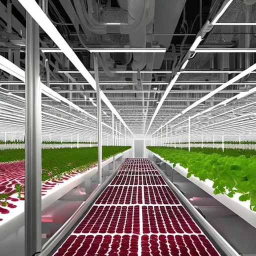 Prompt: Create a digital art piece illustrating the future of food production, like lab-grown meat or vertical farming.