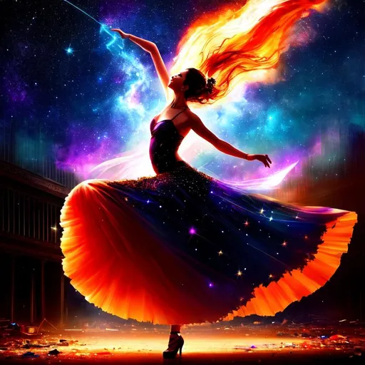 Prompt: Digital painting of a beautiful woman dancing, modern dance, sad, alone, torn clothing, flowing gown, midnight, movie poster, rule of thirds, post apocalypse,  ruins, buildings on fire, world on fire, dirty, trash, myriad stars, nebula, flowing veils