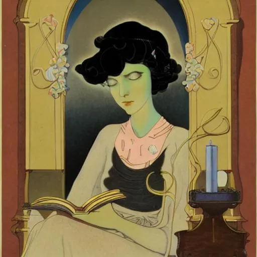 Prompt: in the style of James Jean, painting of woman reading book, Virginia Frances Sterrett, floating candle lights