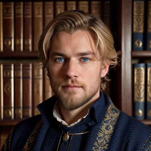 Prompt: best quality, professional portrait, a handsome honourful impressive intelligent european man with goldblonde styled hair, short trimmed beard, blue medieval clothing, adventurer, scholar, blue eyes, symmetrical detailed face, detailed skin texture, (blush:0.2), (goosebumps:0.3),medieval fantasy setting, the inner of a medieval fantasy library in the background, RAW photo, 8k uhd, dslr, high quality, film grain, Leica 50mm, extremely detailed, natural lighting,