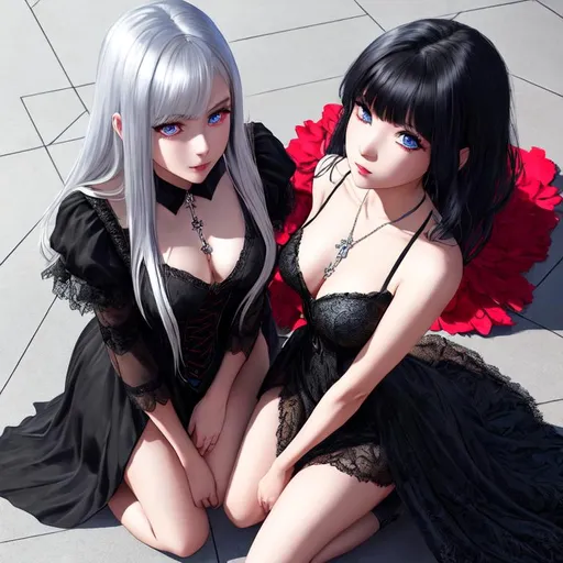 Prompt: 2 beautiful girls, kneeling, looking from above, chained, red carpet,

(girl 1: silver hair, lace necklace, blue eyes, cheerful, gothic red and black lace dress, full body, leg visible, colorful, realistic art, clean art, inspired by Stanley Lau and greg rutkowski)

(girl 2: black hair, white linen dress, blue eyes, happy, full body, leg visible, colorful, realistic art, clean art, inspired by Stanley Lau and greg rutkowski)

elegant, highly detailed, digital painting, trending on artstation, concept art, smooth, sharp focus, illustration art by Stanley Lau and greg rutkowski, unreal engine, 16k resolution