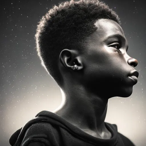 Prompt: a realistic portrait of beautiful black boy crying diamond stud earring left ear,HDR,64K,highly detailed, hoplessness looking out of window,liminal space,Studio lighting,
close up, 