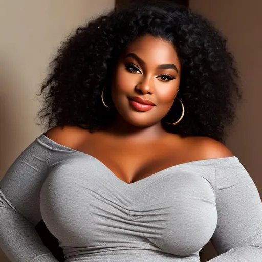 Prompt: Black,mafrican American,soft, delicate ultra feminine,round body, plus size, curvy, full lips, wide nose, off the shoulder top, happy