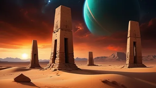 Prompt: ancient ruins in foreground, darkest night, nightmare, carved alien symbols on stone pylons, alien squat stone bunkers with sloping walls, futuristic babylonian architecture, megalithic architecture, no trees, no bushes, no grass, no leafy vegetation, rocky desert alien planet setting, rocky mountainous region, in the style of frank herbert's dune, night sky with giant blue-green planet hidden by red clouds, dust haze, highly detailed, photo-realistic, hyper-real