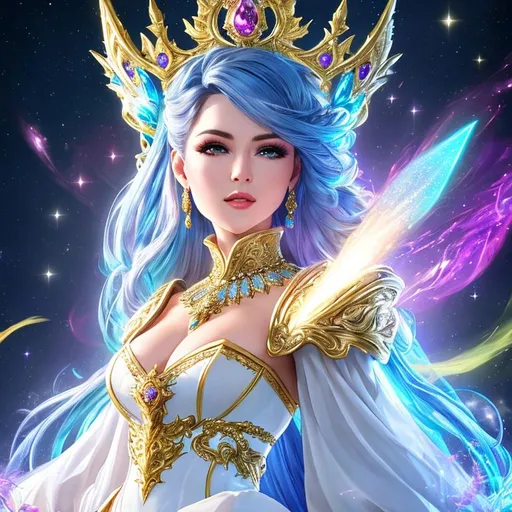 Prompt: , UHD, hd , 8k, , Very detailed, panned out view with whole character in from, a flawless face, long colorful, Elegant elaborate Gown while powering up , fantasy character, sharp expressive facial features,  stunning face , ascending the throne, masses bending the knee, showing off by charging forth