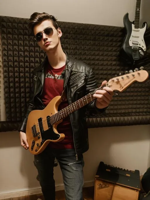 Prompt: Realistic art of  Ukrainian male, age=20, messy dark brown hair, black clothes, round oval face shape, straight raised nose, button nose, cute looking, playing (red electric guitar), black leather jacket, black jeans, small apartment in kiev, button nose, pilot sunglasses 