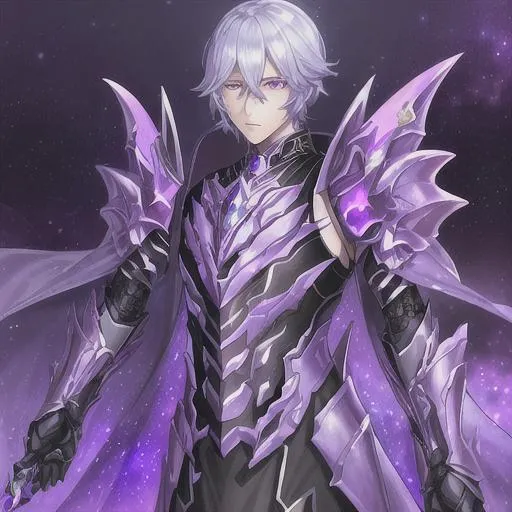 Prompt: {{Sci-fi Cosmic Male Ruler}},{{full armor}},fully armored,dark armor,purple accents,galaxy
