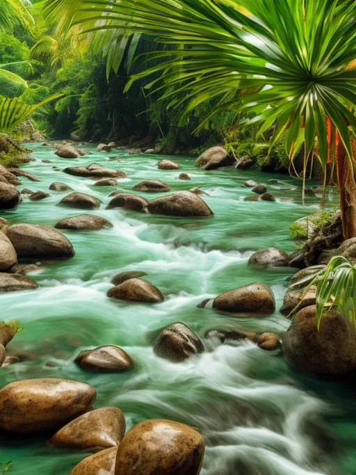 Prompt: Flowing river in a tropical jungle with small rocks 