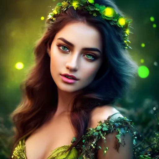 Prompt: HD 4k 3D 8k professional modeling photo hyper realistic beautiful woman ethereal greek goddess of the earth Mother Earth
dark green hair hazel eyes gorgeous face olive skin green and yellow and brown shimmering dress full body jewelry flower crown surrounded by magical glowing light hd landscape background of enchanting mystical forest plants vegetation flowers fruit 