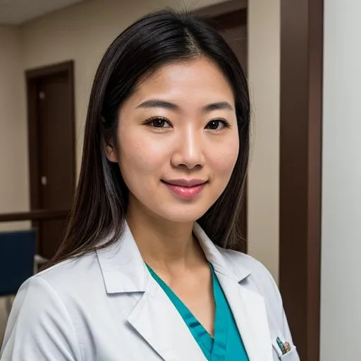 Prompt: a photorealistic, natural centered portrait of an asian female doctor, around 30 years old. make her approachable and friendly The doctor is in the center of the image, and the portrait is medium shot, front facing, down to her waist. The should be nothing occluding the view of her face. make the background is a clinic lobby setting, with clinic furniture in the background. she has a stethoscope around her neck. The room is brightly lit. 35mm f1.4