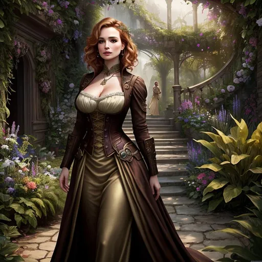 Prompt: ((Breathtaking)) ((cinematic)) ((High quality)) ((photorealistic full-body)) splash art, woman, female, fantasy, wallpaper, steampunk, diesel punk, portrait of prim and proper affluent ((inventor)), fantasy, Christina Hendricks crossed with Natalie Portman, historical romance, wearing regency dress, dnd character in an epic secret garden with ((her workshop visible)) in the distance by Bastien L. Deharme and Antonio J. Manzanedo, Epic Matt painting background by Keith Parkinson, slight genuine smile, smirk, wealthy, pale skin, Crisp, Pinterest, model, Portrait, Maid of Honor, cute online profile picture, senior photo, ((full body)) {{good looking}} {{cute}} {{good body}} {{tight}}, {{shadows}},
