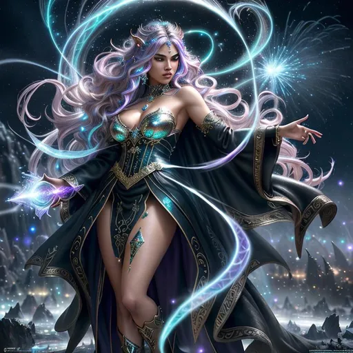 Prompt: Splash art, swirling magical lights, exploding debris, dense fog, create an intricately detailed fantasy art drawing, full body, ultra realistic, 3D Rendered image focused on an enticing, alluring, highly detailed, slender ((random hair color)), hyper detailed realistic diamond encrusted skin, super exotic young adult magical human, {{surrounded by angry orcs.}}, pulling magic into her hands, fighting in an ultimate epic battle against orcs, in a dystopian city destroyed by, 64k resolution, ultra photo realistic, highly exotic, ultimate fantasy, digital concept art, perfect cinematic lighting, perfect shading.