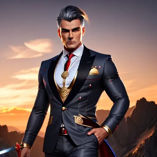 Prompt: Masculine, dark grey hair, two block hair, intricate warrios red blue suit, intricate detail, maneater sword, colourful light stripes in the sky, full Body, golden hour, realistic