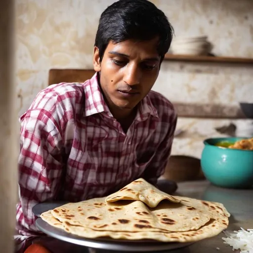 Prompt: Give a image showing a smart   person luking at chapati and rice and sighing as he can't have them