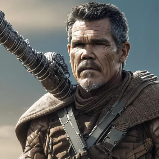 Prompt: josh brolin, detailed face, cable robot arm, dune 2021 sardukaur, poncho, hit man, assasin, scifi, armor, sniper