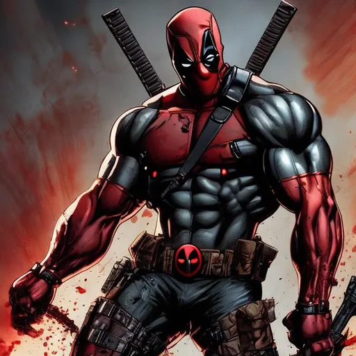 Prompt: Deadpool Cyclops variant. muscular. dark gritty. Bloody. Hurt. Damaged. Accurate. realistic. evil eyes. Slow exposure. Detailed. Dirty. Dark and gritty. Post-apocalyptic. Shadows. Sinister. Intense. 
