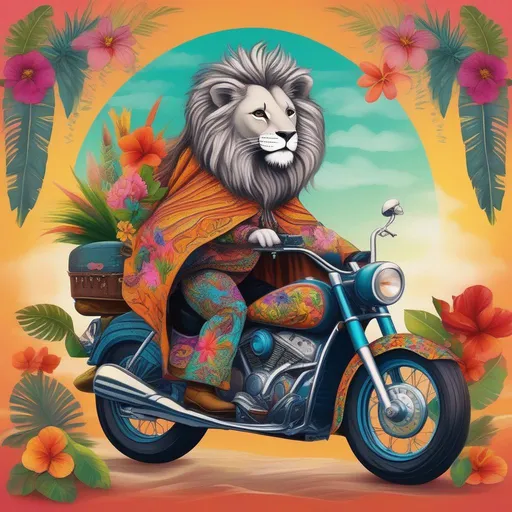 Prompt: an old furry lion (Beautiful {Sugarskull} and happy face), graying hair, wearing a psychedelic poncho with tropical flowers on it, riding a big trail motorcycle.