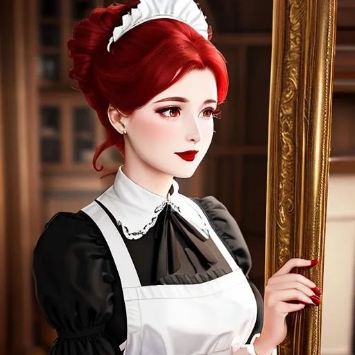 Prompt: A demure servant grown woman in black dress and white apron. 
CGI, maid, profoundly fair complexion, red gloss lips, rosy cheeks, red hair in bun, european, middle ages.