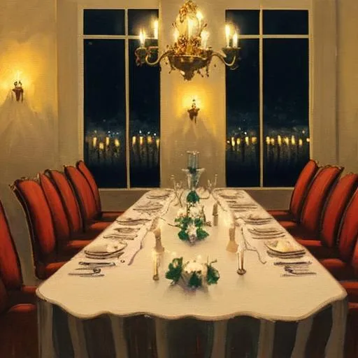 Prompt: A painting of a table set for a candlelit dinner at night