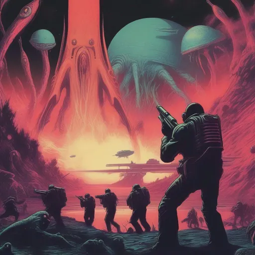 Prompt: Retro futurism, lovecraftian horrors, distant planet, distant primal world, people firing at monster