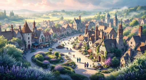 Prompt: A dreamy medieval English town viewed from a bird's-eye perspective under a soft pastel-colored sky. Gentle pinks, lavenders, and mint greens wash over quaint stone cottages with thatched roofs, winding cobblestone streets, and bustling market squares. Delicate wisps of mist drift through the scene, enhancing the enchanted atmosphere. Warm, diffuse sunlight bathes the village, casting long shadows and highlighting the charming details of the architecture. Lavender fields and tiny gardens surround the town, blending seamlessly into the scenic countryside. The overall mood is whimsical and serene, captured in a dreamy watercolor illustration style with pastel tones and cinematic lighting.